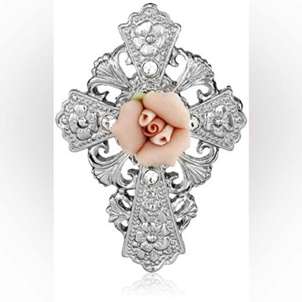 Symbols of Faith Silver-Tone Pink Porcelain Rose Cross Pin NWT